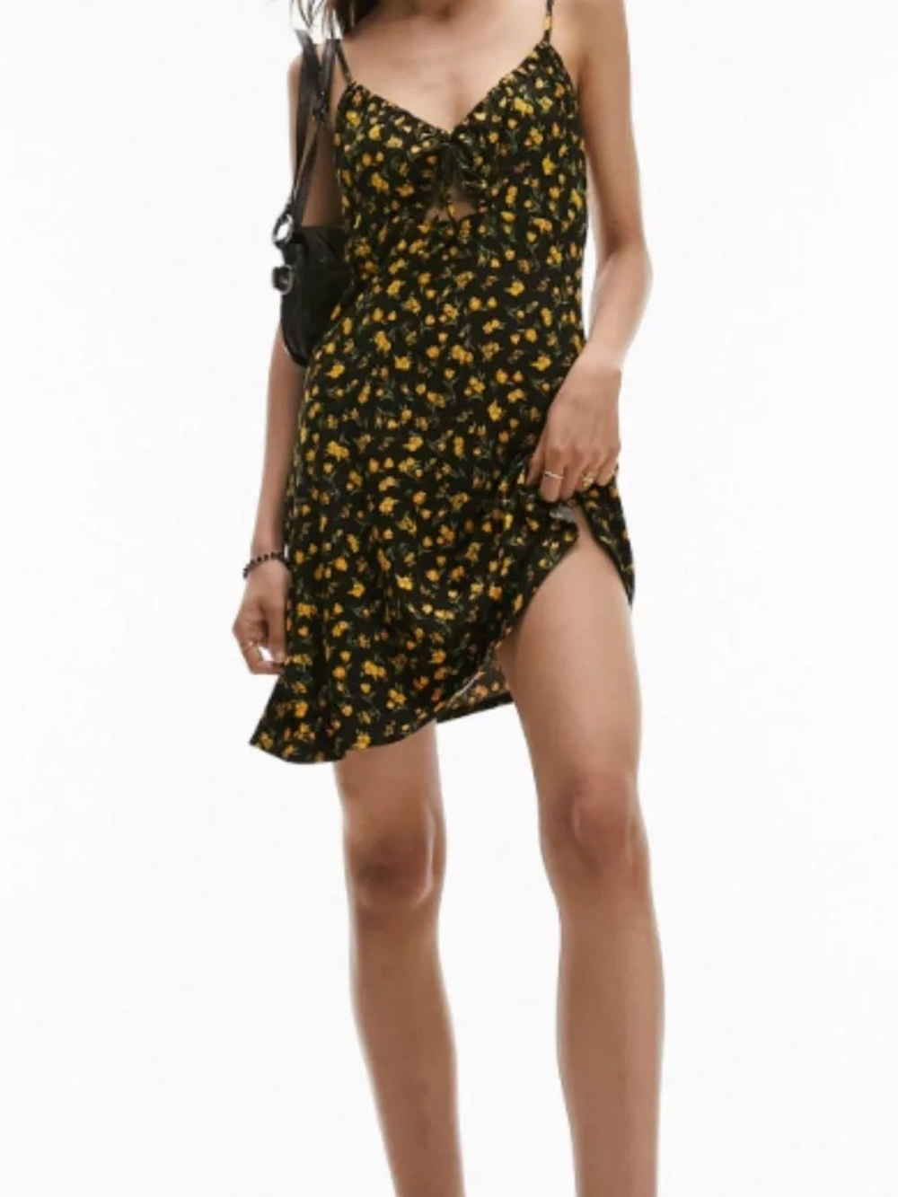 Topshop Black Floral Tie-Front Mini Dress with Yellow Blossoms